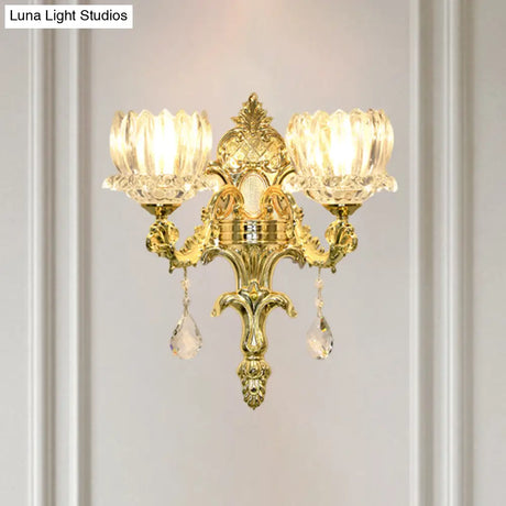 Gold Lotus Wall Mount Sconce With Clear Crystal Shade - Mid Century Light Fixture