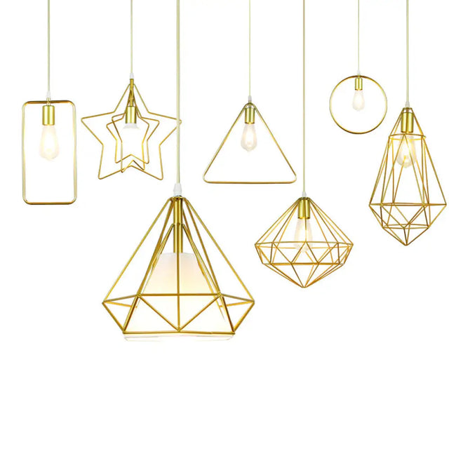 Nordic Metal Pendant Ceiling Light - Gold Cage Frame Design With 1 Bulb Ideal For Dining Room