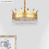 Gold Metal Chandelier Light Modernist Crown Shape 4 Bulb Pendant Lamp with Crystal Droplet for Stylish Living Room Gold