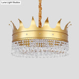 Gold Metal Chandelier Light Modernist Crown Shape 4 Bulb Pendant Lamp with Crystal Droplet for Stylish Living Room Gold