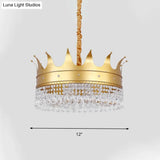 Gold Metal Chandelier Light Modernist Crown Shape 4 Bulb Pendant Lamp with Crystal Droplet for Stylish Living Room Gold