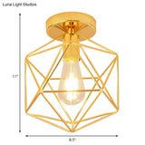 Gold Metal Diamond Cage Semi Flush Ceiling Light For Corridor - Industrial One Mount