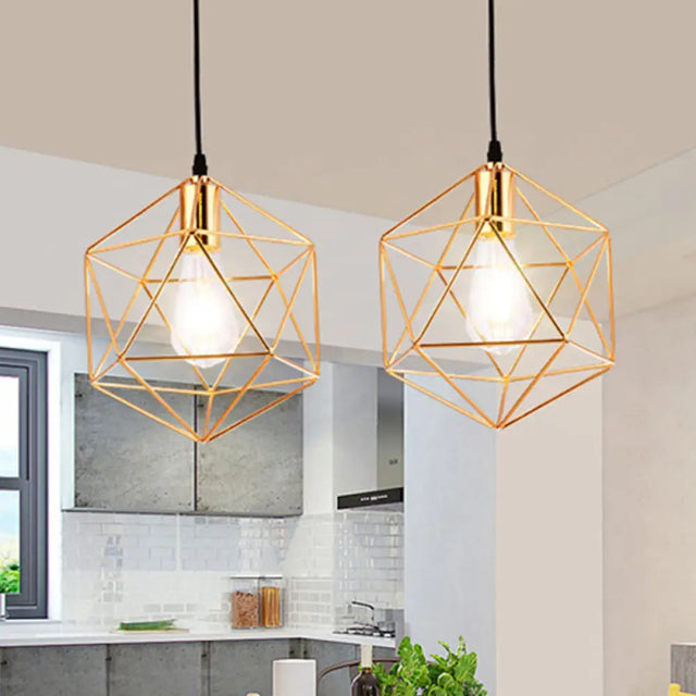 Gold Metal Diamond Cage Semi Flush Ceiling Light For Corridor - Industrial One Mount
