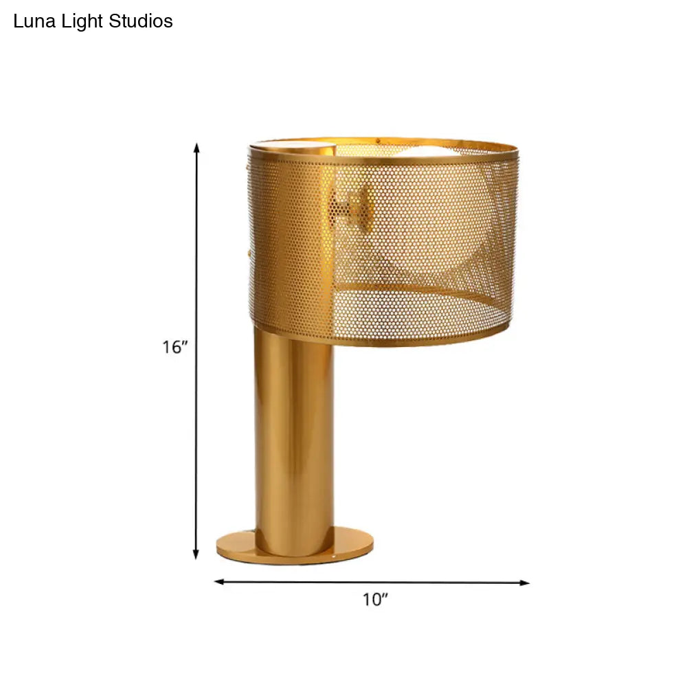 Gold Metal Drum Mesh Night Table Lamp With Opal Glass Shade