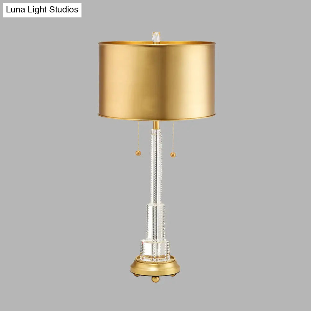 Gold Metal Drum Shade Crystal Table Lamp - Modern Single Bulb Night Light For Bedrooms