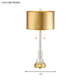 Gold Metal Drum Shade Crystal Table Lamp - Modern Single Bulb Night Light For Bedrooms
