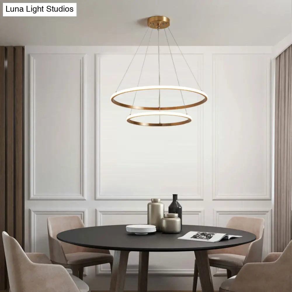 Gold Metal Led Chandelier: Modern Circular Suspension Lighting For Living Room