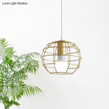 Gold Metal Pendant Light With Globe/Hexagon Cage Shade For Dining Room