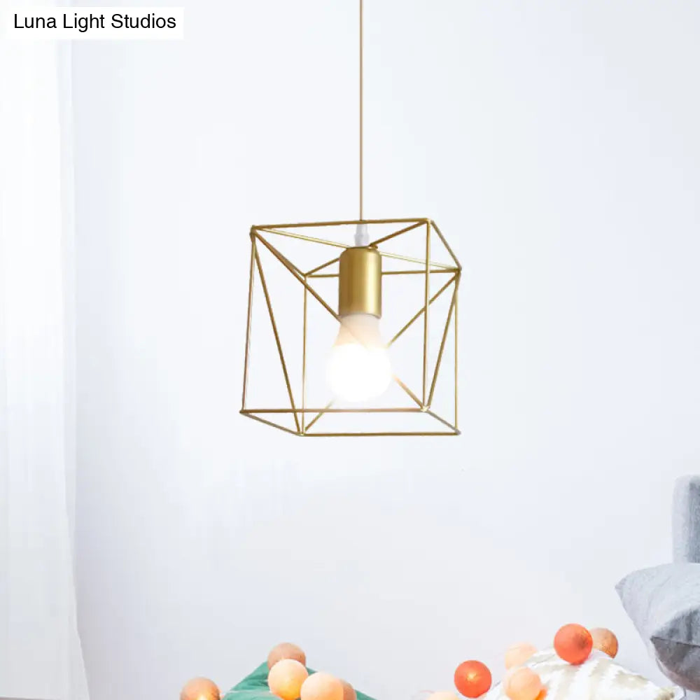 Gold Metal Pendant Light With Globe/Hexagon Cage Shade For Dining Room