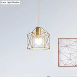 Gold Metal Pendant Light With Globe/Hexagon Cage Shade For Dining Room