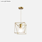 Gold Metal Pendant Light With Globe/Hexagon Cage Shade For Dining Room
