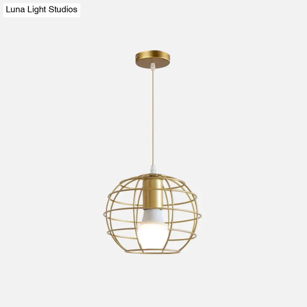 Gold Metal Pendant Light With Globe/Hexagon Cage Shade For Dining Room