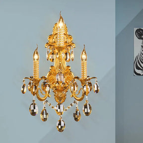 Gold Metal Sconce Light With Crystal Drop Decoration - Traditional Candle Wall Fixture (3 Heads)