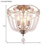 Gold Metal Semi Flush Ceiling Light With Crystal Strand - Traditional Hallway Lighting 3 Bulbs