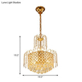 Gold Metal Shade Chandelier With Crystal Balls And Strands Elegant Drum Pendant