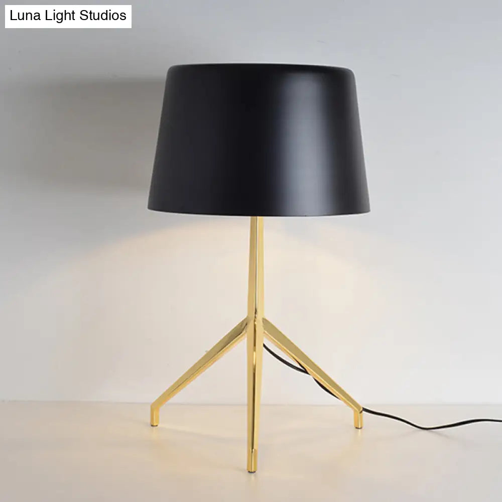 Gold Metal Tripod Nightstand Lamp With Barrel Shade For Bedroom Simple & Elegant Design