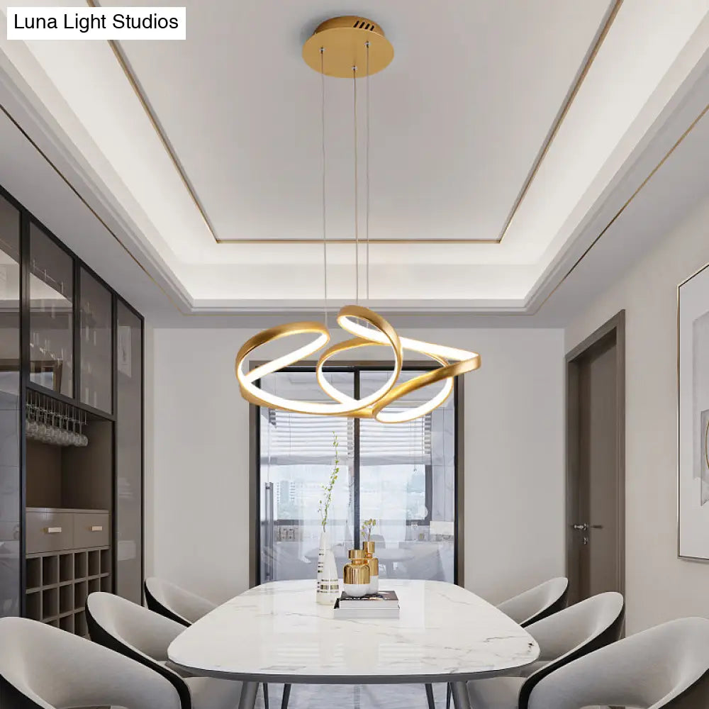 Gold Metal Twisty Led Chandelier - Simple Style Hanging Lamp For Restaurants