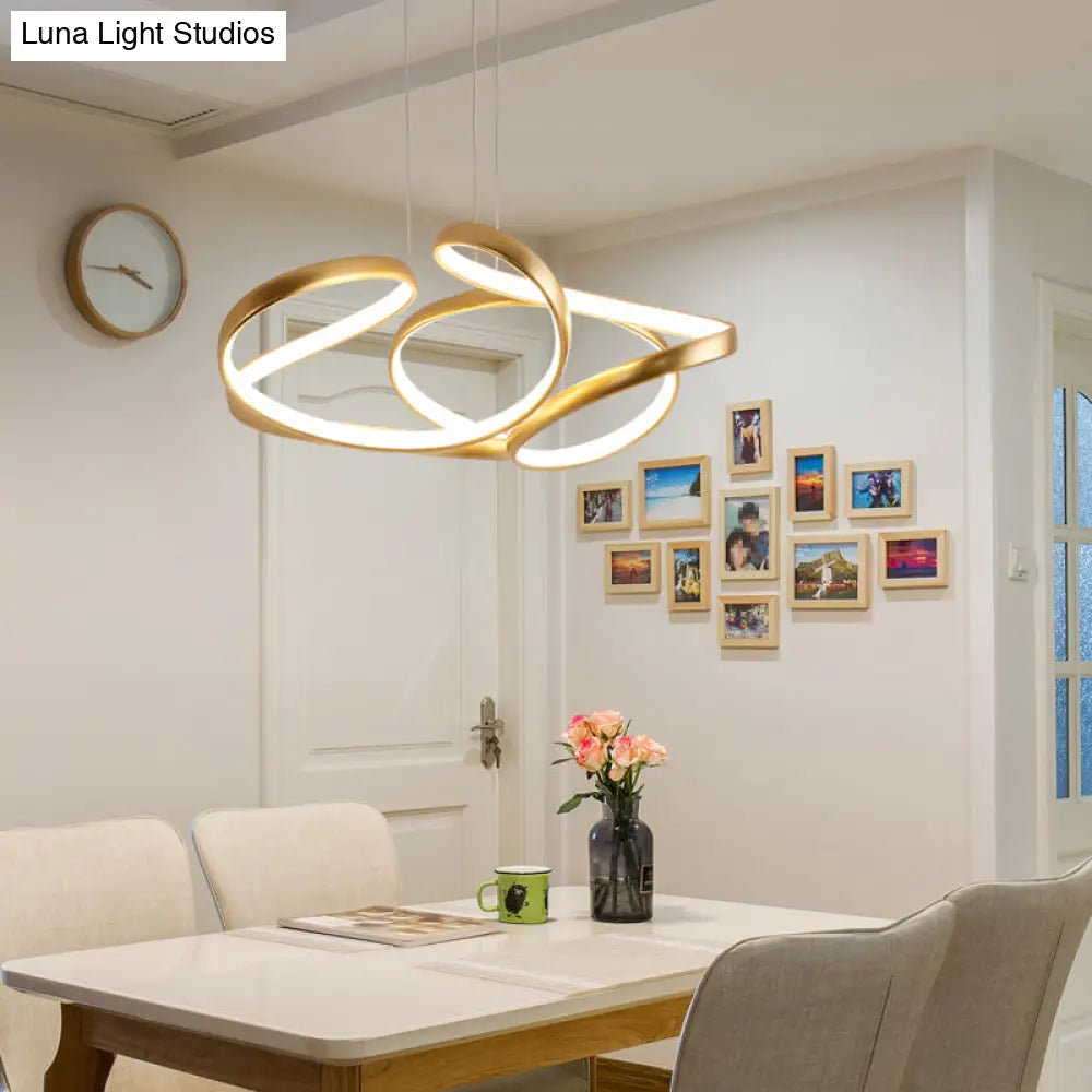 Gold Metal Twisty Led Chandelier - Simple Style Hanging Lamp For Restaurants