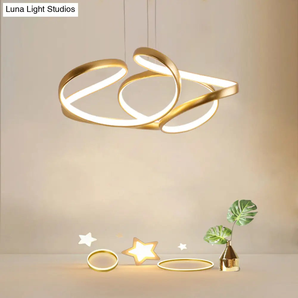 Gold Metal Twisty Led Chandelier - Simple Style Hanging Lamp For Restaurants