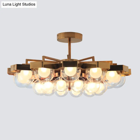 Gold Metallic Flower Chandelier - Elegant Living Room Hanging Light With Globe Shade (24 Lights)