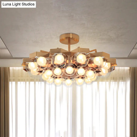 Gold Metallic Flower Chandelier - Elegant Living Room Hanging Light With Globe Shade (24 Lights)