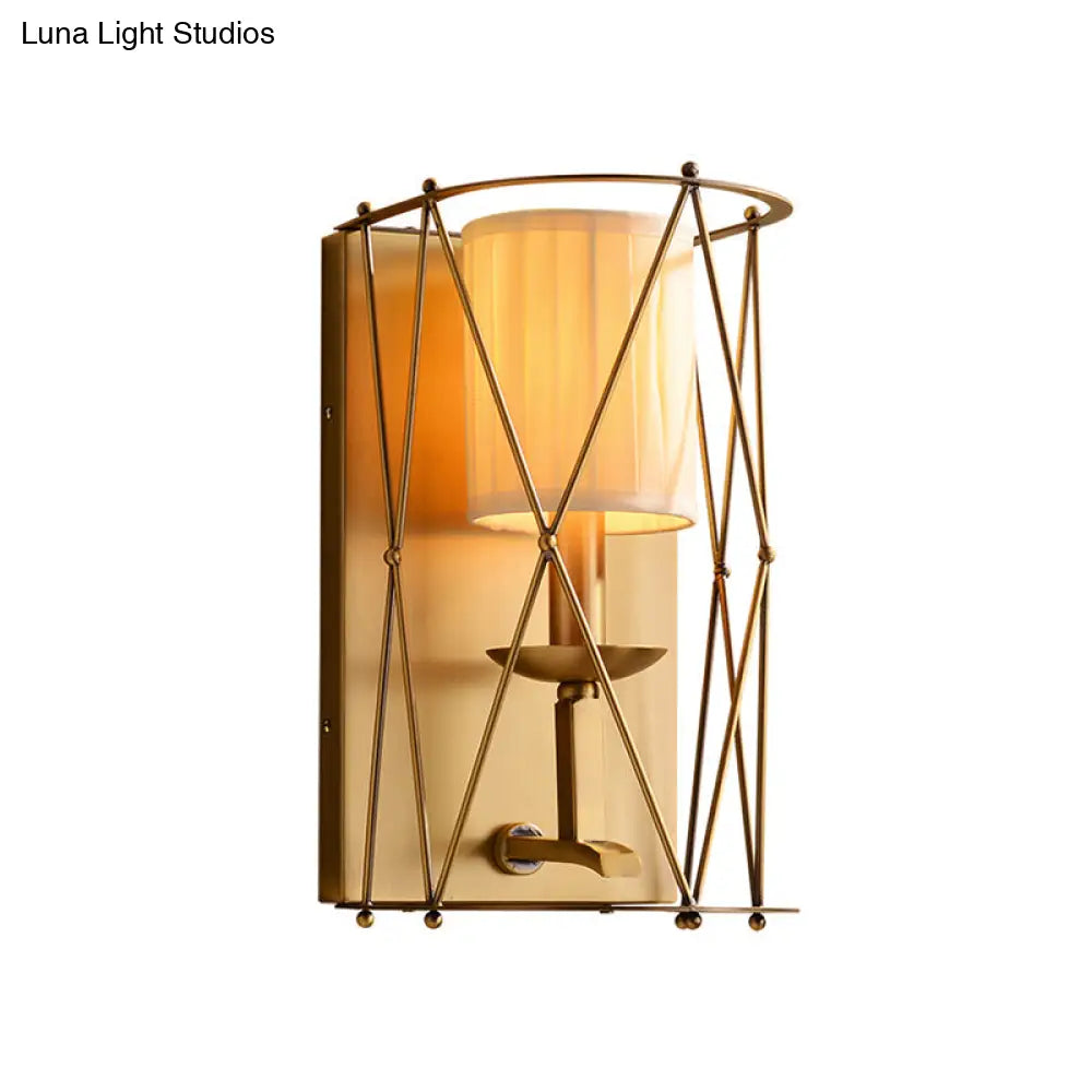 Gold Net Fabric Sconce For Lodges - Cylindrical Wall Lighting