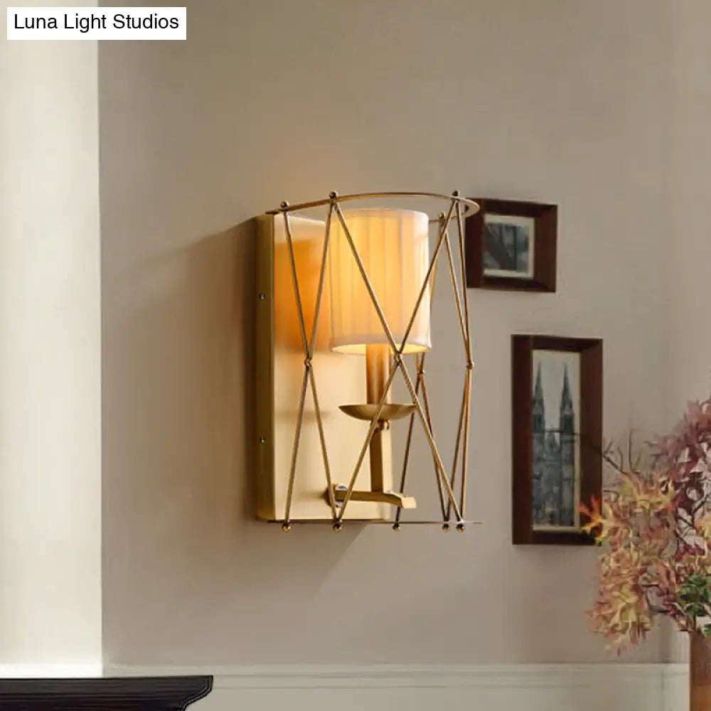 Gold Net Fabric Sconce For Lodges - Cylindrical Wall Lighting