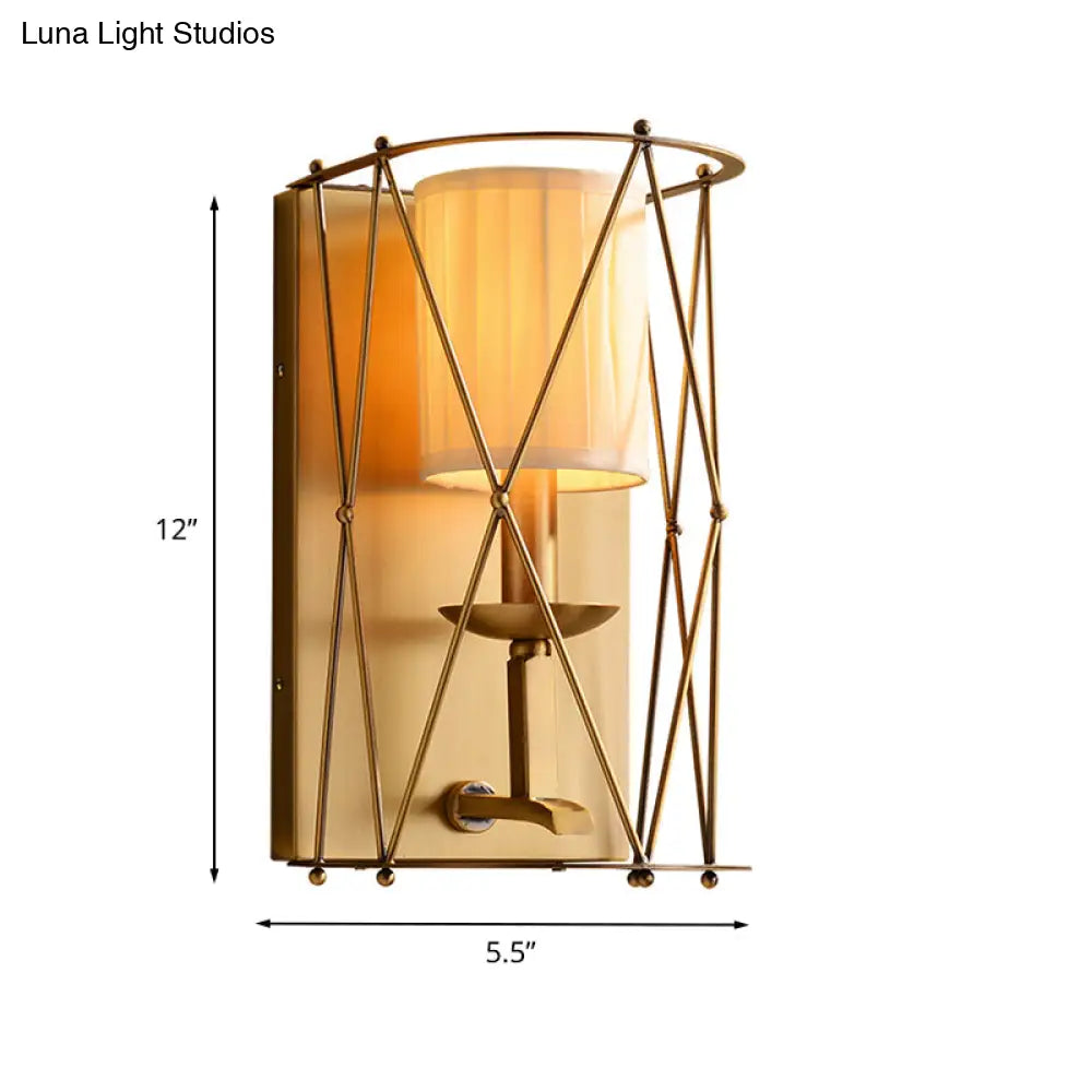 Gold Net Fabric Sconce For Lodges - Cylindrical Wall Lighting