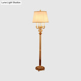 Gold Nordic Candle Floor Lamp With Crystal Single Bulb & Beige Fabric Shade