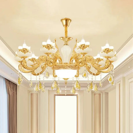 Gold Opaque Glass Bud Ceiling Light With Crystal Draping - Traditional Living Room Chandelier 10 /