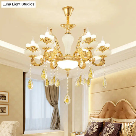 Gold Opaque Glass Bud Ceiling Light With Crystal Draping - Traditional Living Room Chandelier