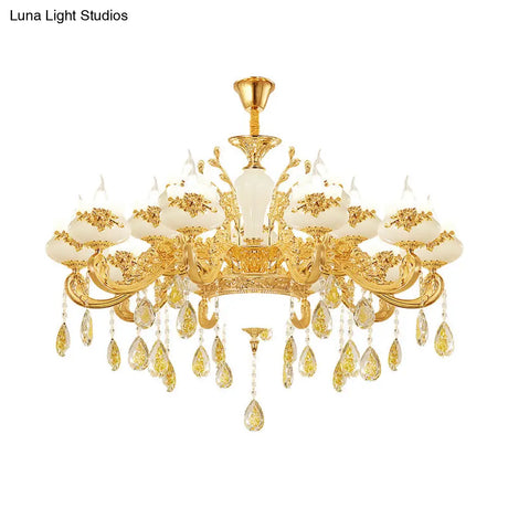 Gold Opaque Glass Bud Ceiling Light With Crystal Draping - Traditional Living Room Chandelier