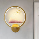 Gold Oriental Led Bedside Wall Light With Mountain And Branch Mural