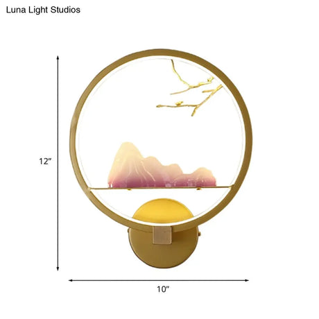 Gold Oriental Led Bedside Wall Light With Mountain And Branch Mural