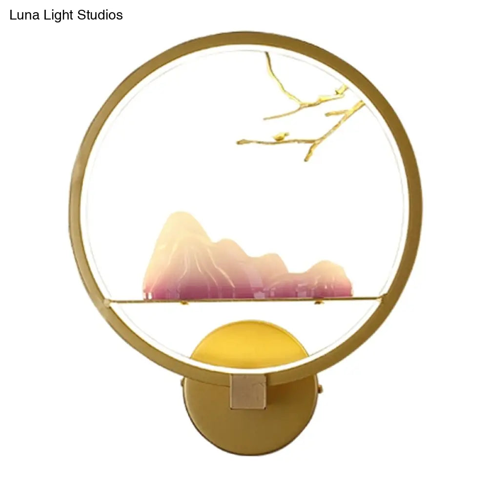 Gold Oriental Led Bedside Wall Light With Mountain And Branch Mural