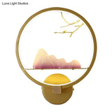 Gold Oriental Led Bedside Wall Light With Mountain And Branch Mural