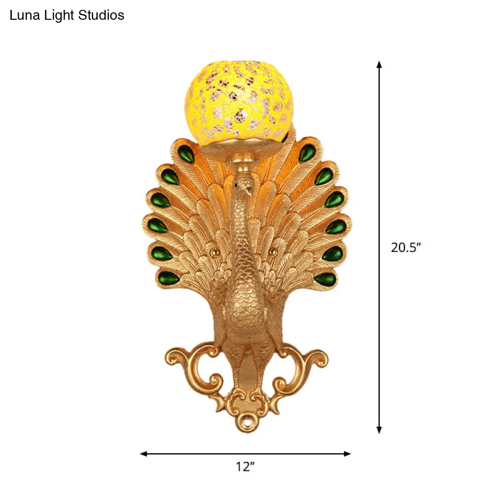 Gold Peacock Wall Lamp With Crackle Glass - Country Bubble Design