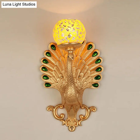 Gold Peacock Wall Lamp With Crackle Glass - Country Bubble Design