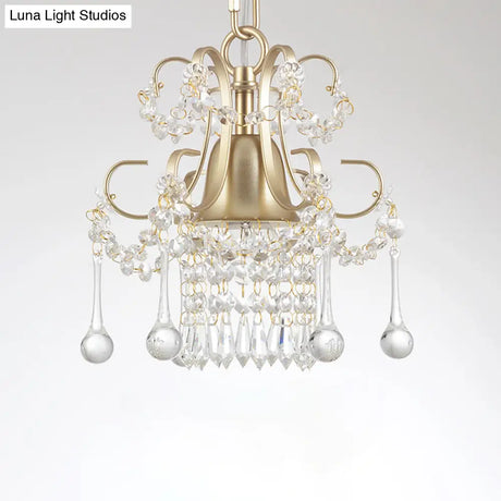 Gold Pendant Lamp With Crystal Droplet - Classic Style Metal Frame Ceiling Light 1 Bulb