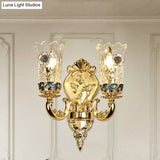 Gold Plated Floral Glass Wall Mount Sconce: Antique Carved Lamp For Foyer