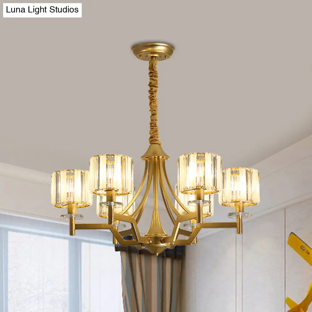 Gold Prismatic Crystal Cylinder Chandelier Lamp With 3/6 Bulbs - Postmodern Hanging Light