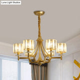 Gold Prismatic Crystal Cylinder Chandelier Lamp With 3/6 Bulbs - Postmodern Hanging Light