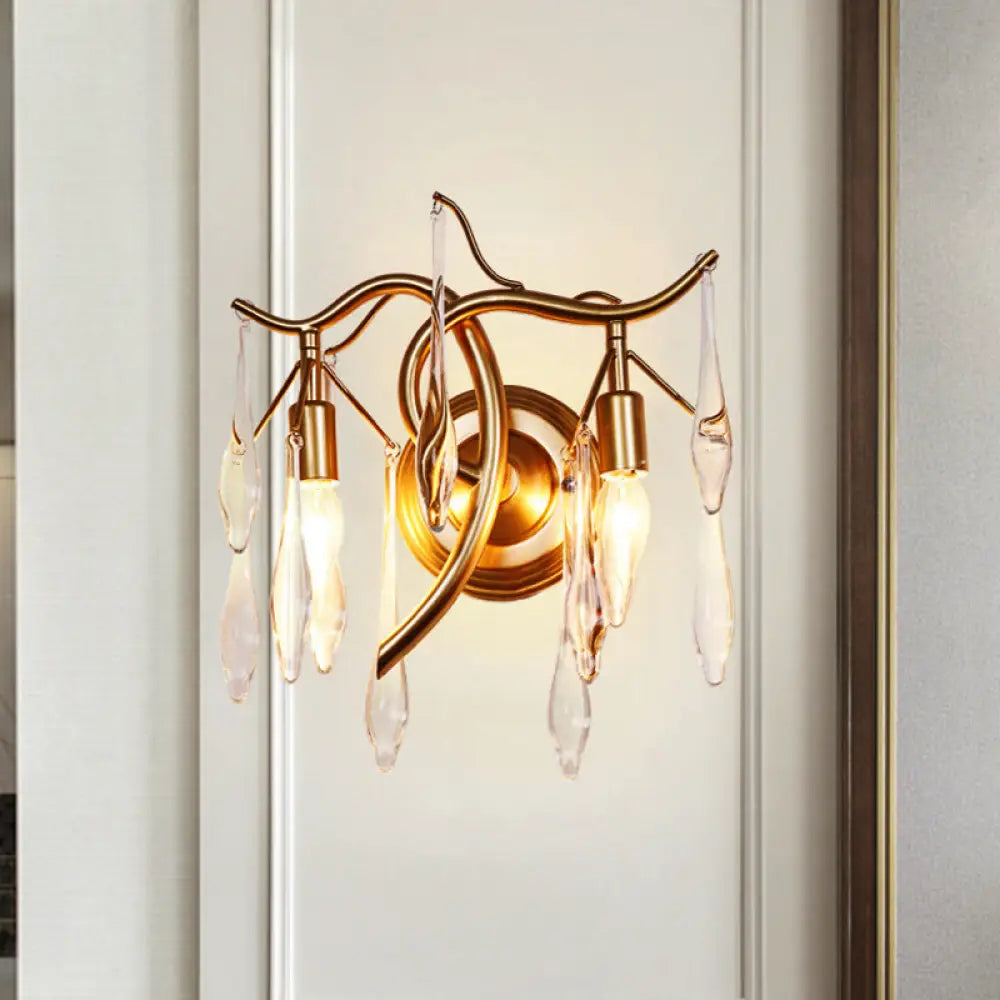Gold Raindrop Wall Mount With Crystal Drop Shade - Retro 2-Head Lighting Solution