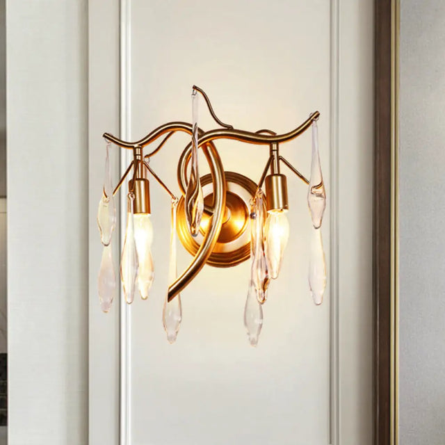 Gold Raindrop Wall Mount With Crystal Drop Shade - Retro 2-Head Lighting Solution