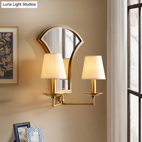 Gold Retro Candlestick Wall Lamp With 2 Bulbs And Mirror-Fabric Shade