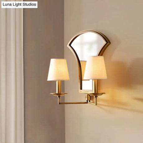 Gold Retro Candlestick Wall Lamp With 2 Bulbs And Mirror-Fabric Shade