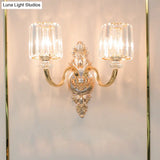 Gold Retro Crystal Block Wall Sconce With 2-Bulb Cylinder & Carved Backplate