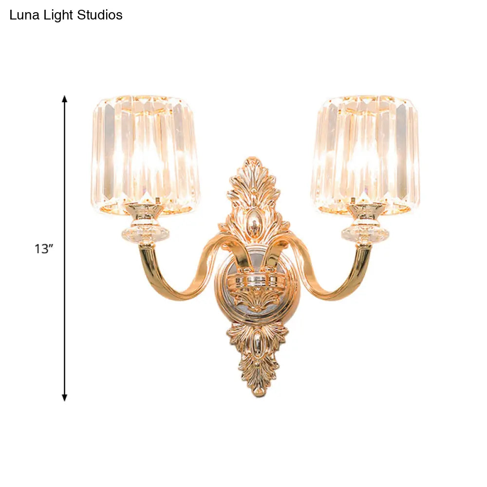 Gold Retro Crystal Block Wall Sconce With 2-Bulb Cylinder & Carved Backplate