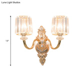 Gold Retro Crystal Block Wall Sconce With 2-Bulb Cylinder & Carved Backplate