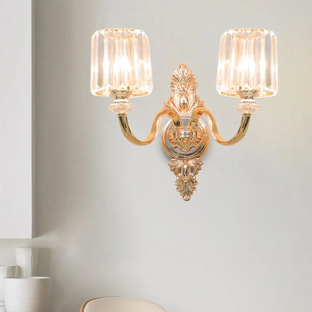 Gold Retro Crystal Block Wall Sconce With 2-Bulb Cylinder & Carved Backplate